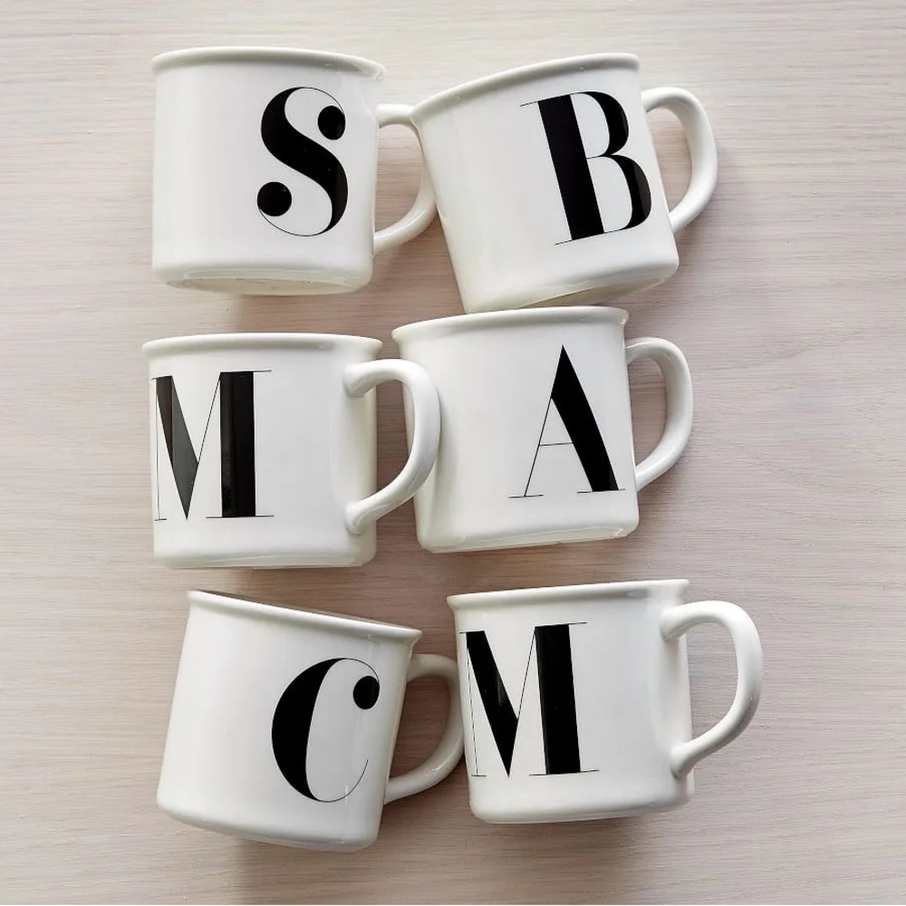 Pottery Barn White Mugs with Black Letters. R monogram